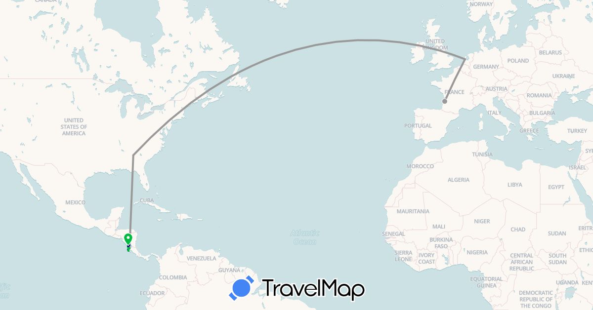 TravelMap itinerary: driving, bus, plane in Costa Rica, France, Nicaragua, Netherlands, United States (Europe, North America)